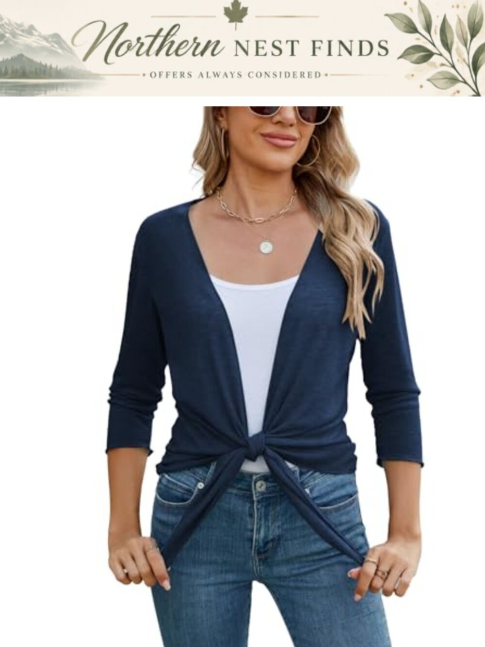 Women's Sheer Shrug Bolero Tie Front 3/4 Sleeve Lightweight Cardigan Cover Up